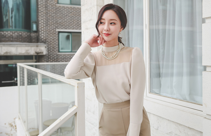 方形 透视 灯笼袖 半高领 罩衫