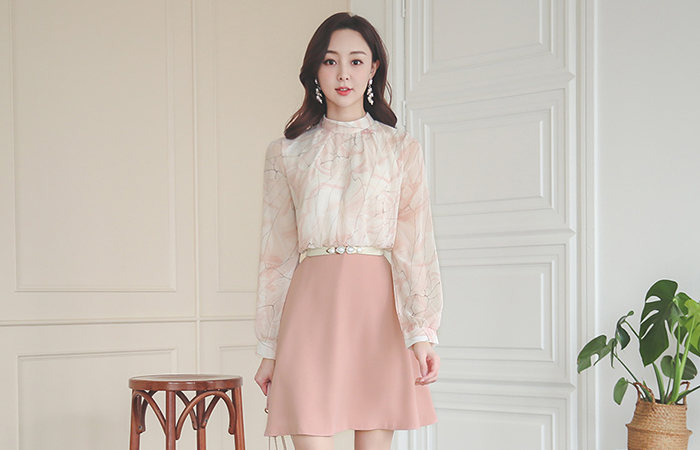 高龄 大理石 配色 喇叭 连衣裙