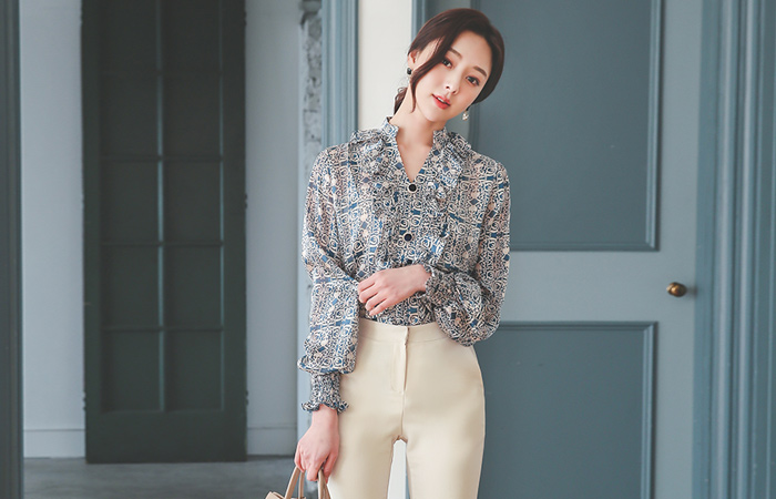 古风印染 褶裥 褶裥 袖 罩衫