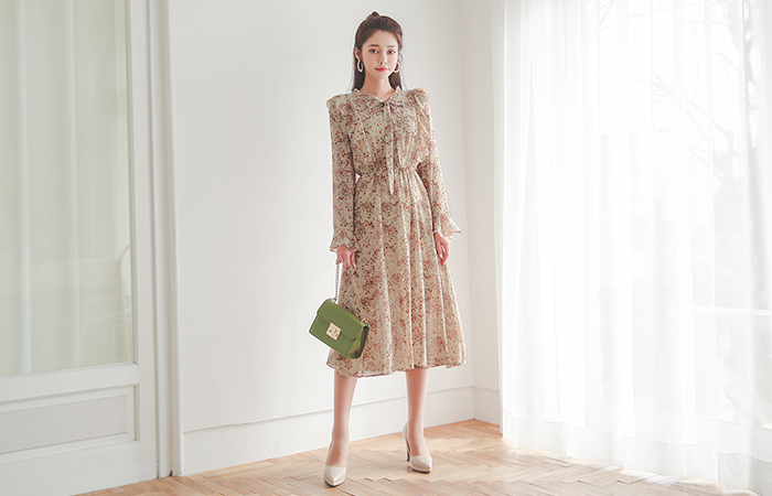 万寿菊 蝴蝶结领结 褶裥 雪纺 连衣裙