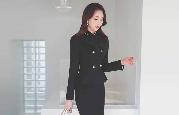 珍珠 双排扣 围巾领 无领 夹克