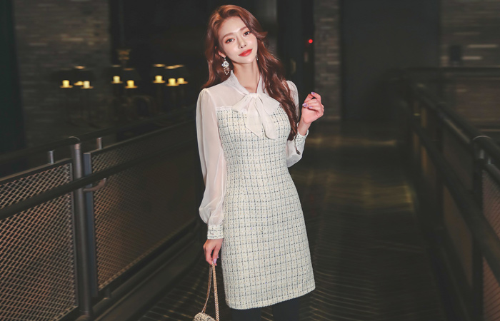 透视 雪纺 配色 粗呢 迷你 连衣裙