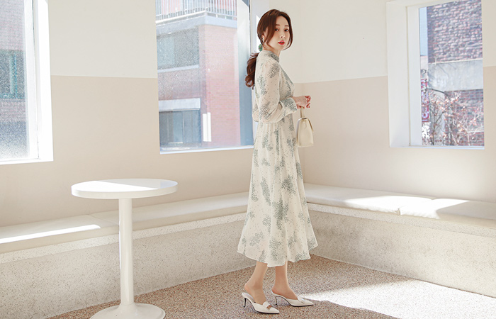 精灵 褶皱 雪纺 后侧松紧带 喇叭 连衣裙