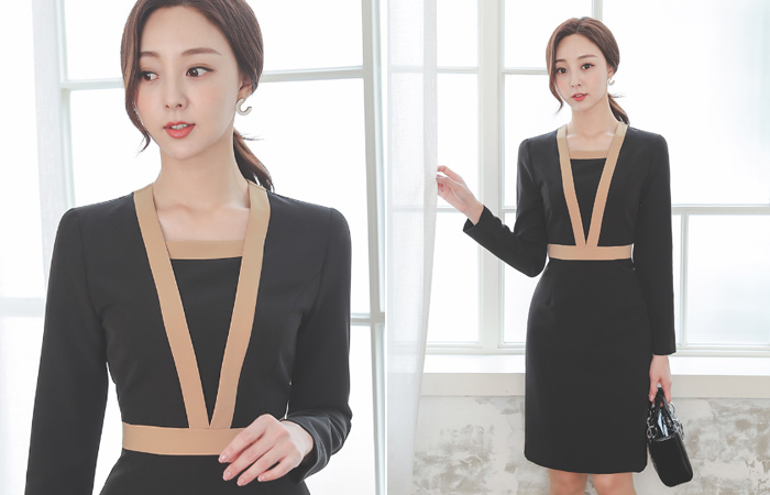 配色 衬里 H字型 连衣裙