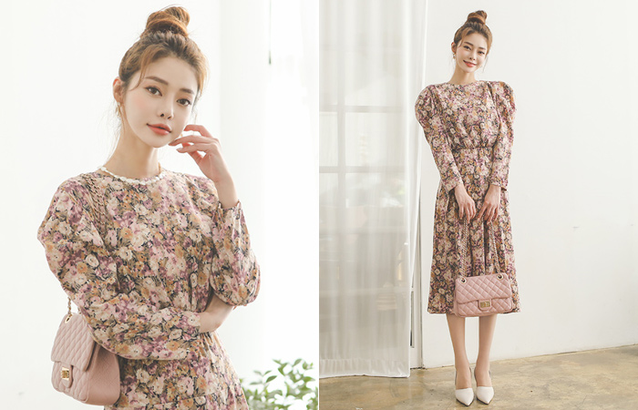 贝里 花纹 泡泡袖 松紧带 喇叭 连衣裙