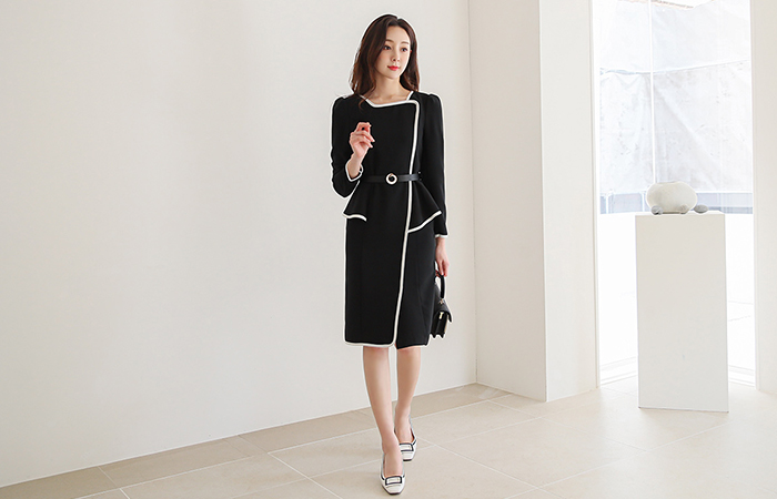 方领 斜纹 荷叶边 连衣裙