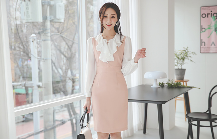 金色珍珠 荷叶边线条 雪纺 袖子 弹力 连衣裙