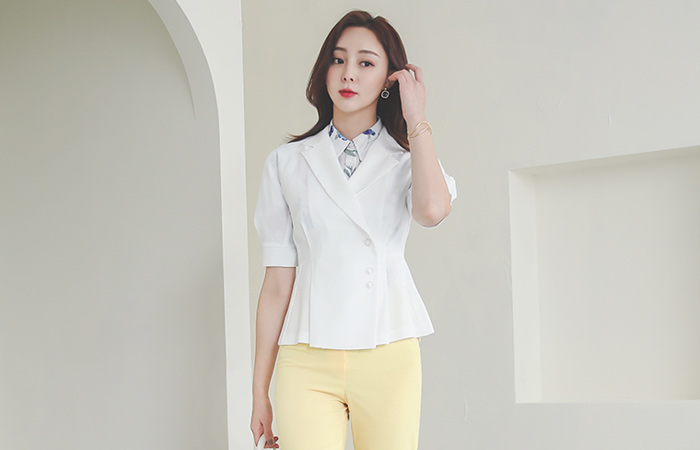 侧纽 银色扣子 泡泡袖 裹身 荷叶边 夹克