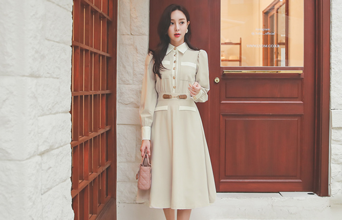 Stella 口袋 配色 金色带扣 衬衫 连衣裙