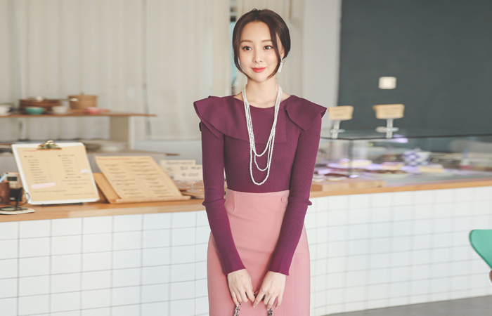 荷叶边 开衩 袖口 莫代尔 修身 针织衫