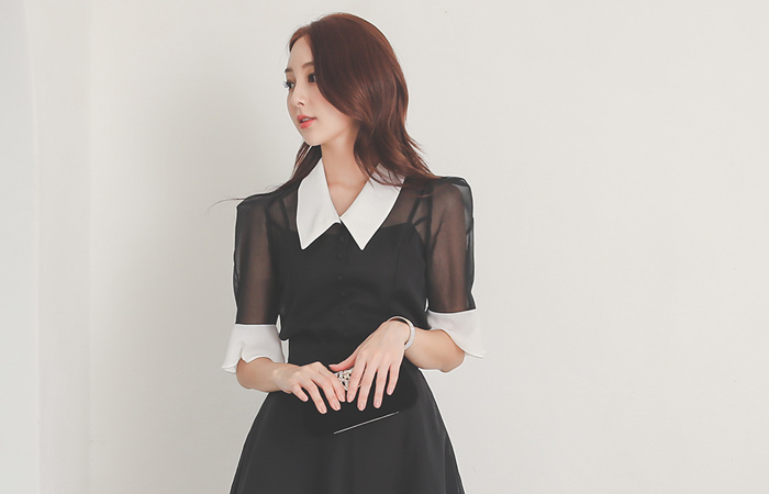 大衣领 配色 透明硬纱 罩衫