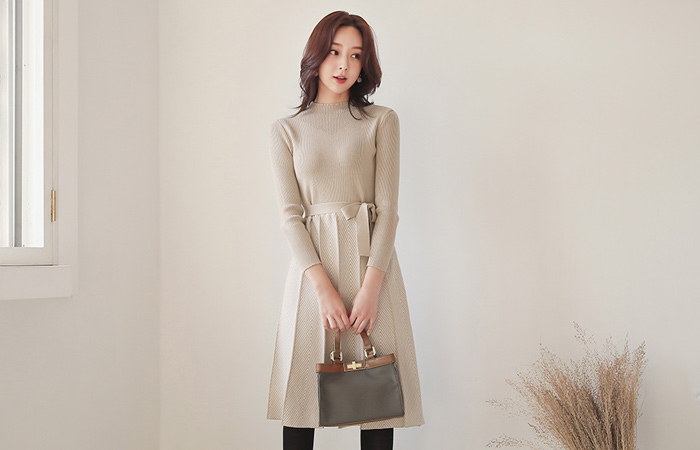 人字呢 图案 褶边 漏斗领 针织衫 连衣裙