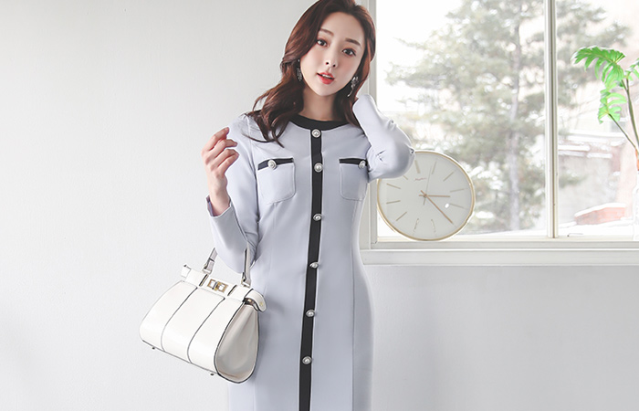 衬里 配色 珍珠 H字型 连衣裙