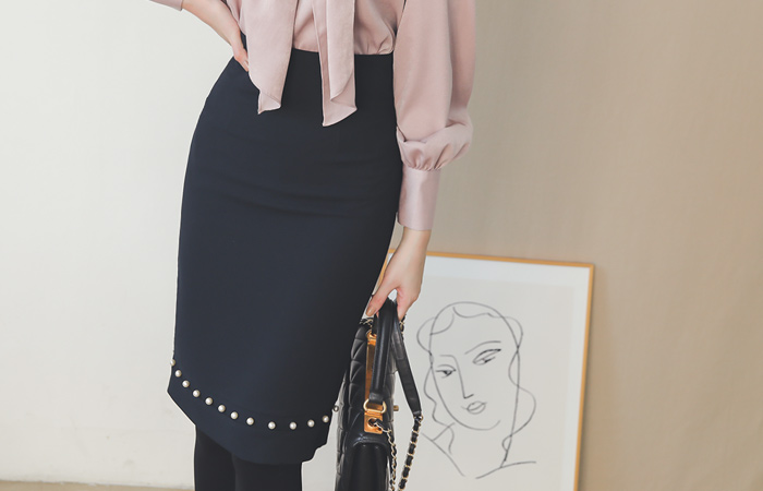 Kozu珍珠线高midi裙子