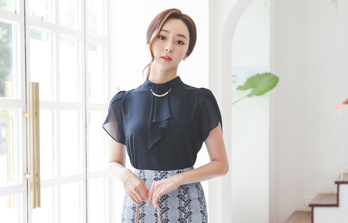 珍珠宝石 高翻领 围巾 罩衫(summer)