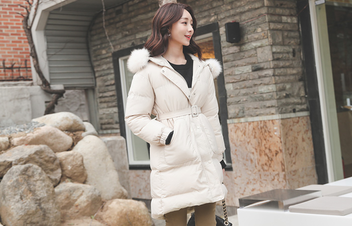 라쿤퍼 花边 소매스트링 束带 羽绒棉 羽绒服
