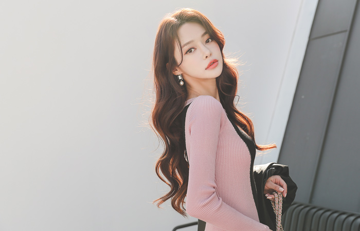 斜线 配色 修身 条绒 针织连衣裙