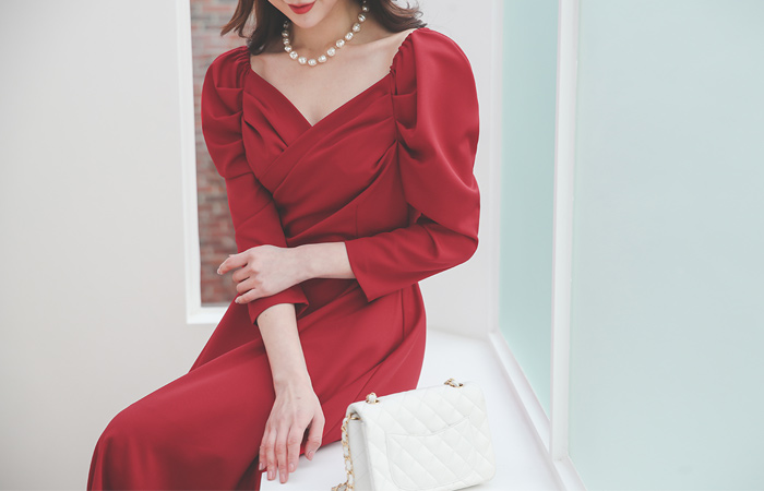 褶皱 心形领 泡泡袖 露肩 连衣裙