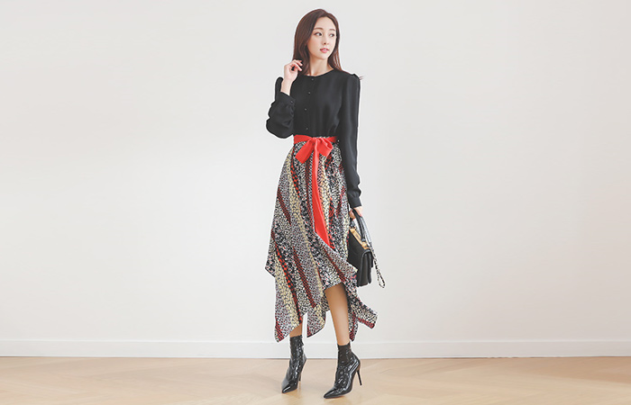 独特 混合 花纹 蝴蝶结腰带 不规则 连衣裙