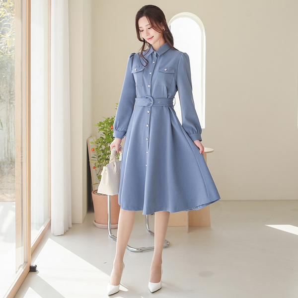 罗郎 泡泡袖 口袋 衬衫 喇叭 连衣裙