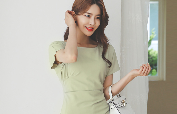 不规则 品齐褶皱 法式 袖子 弹力 连衣裙