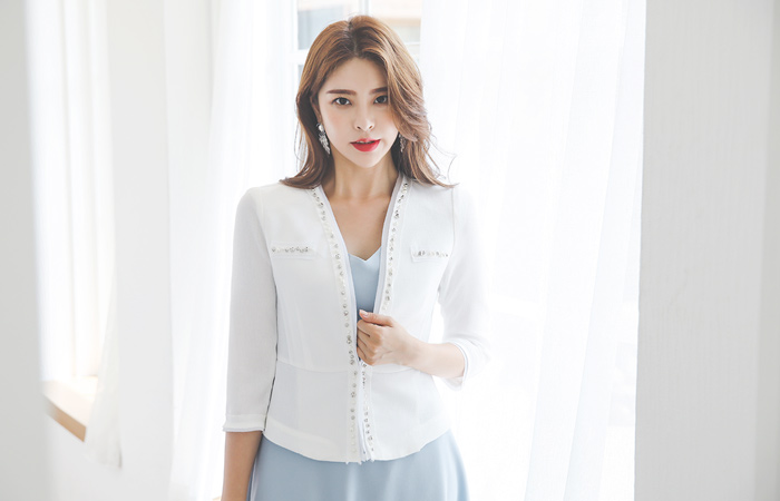 珍珠 装饰 雪纺 花边 无领 夹克
