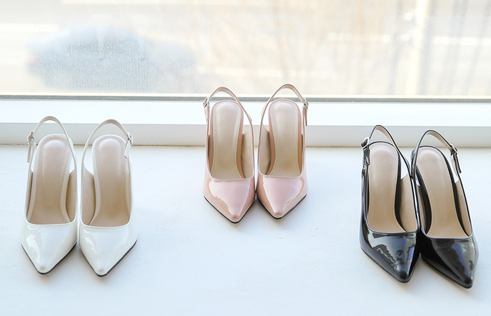 [模特穿43次]有光泽 漆皮 细高跟 露跟高跟鞋