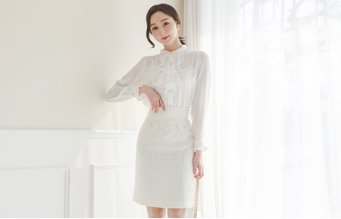 闪亮人造珍珠装饰口袋高腰裙