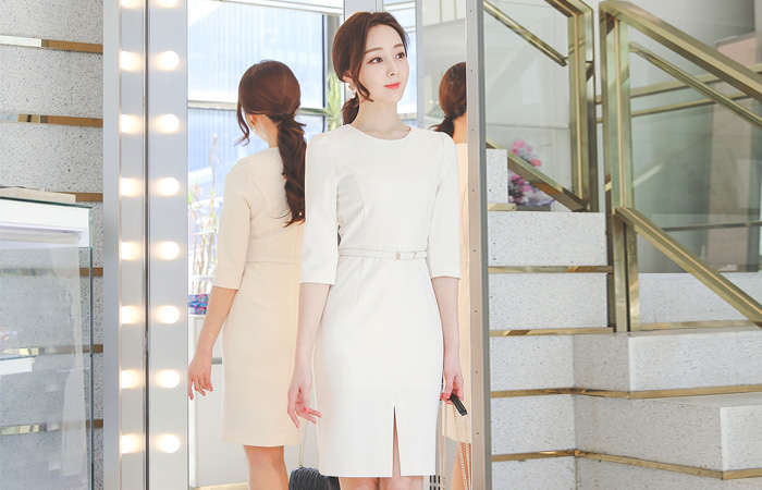 摩登 圆领 束带 开衩 弹力 连衣裙