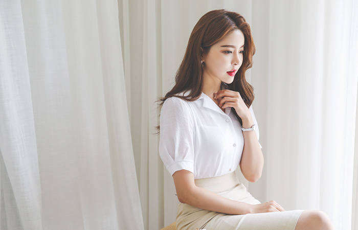 凉爽 触感 敝领 扣子 罩衫