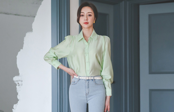 必要 泡泡袖 领子衬衫 人造纤维 罩衫