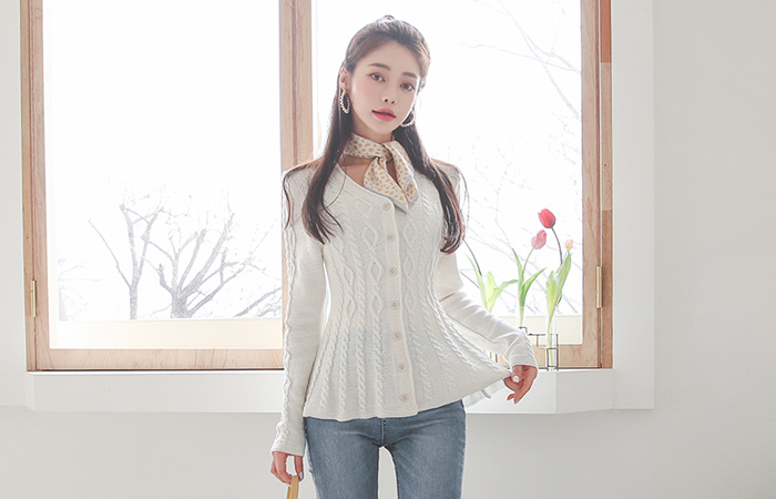 麻花 珠光针织 喇叭 束带 V字领 开衫