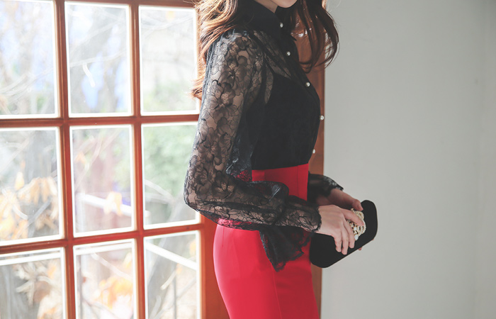 珠宝 纬缎配色 珍珠 蕾丝 透视 罩衫