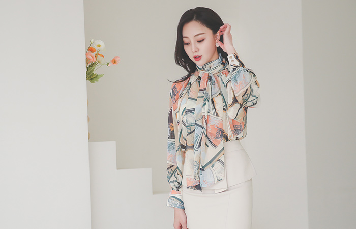 古玩 印染 围巾领 雪纺 罩衫