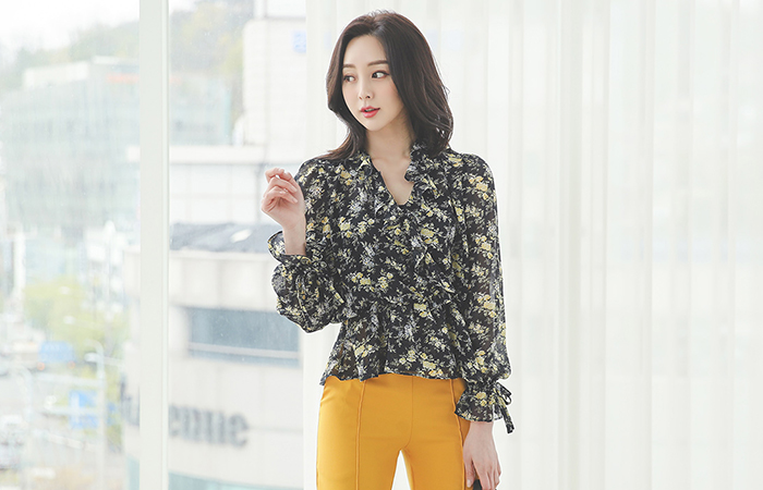 花纹 雪纺 荷叶 裹身雪纺衫