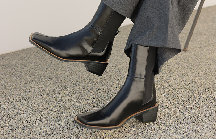 [模特穿44次]时尚 Square Toe 木跟 松紧带 短靴