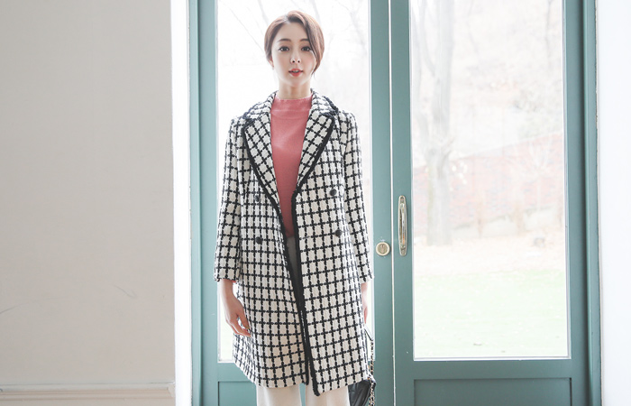窗格纹格子侧纽流苏羊毛呢子大衣