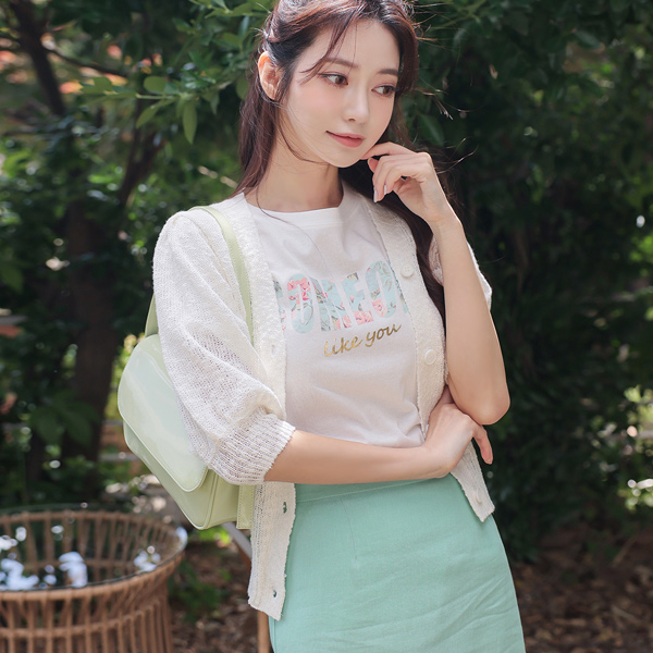 爆裂声 棉 Slav 泡泡袖 V字领 开衫