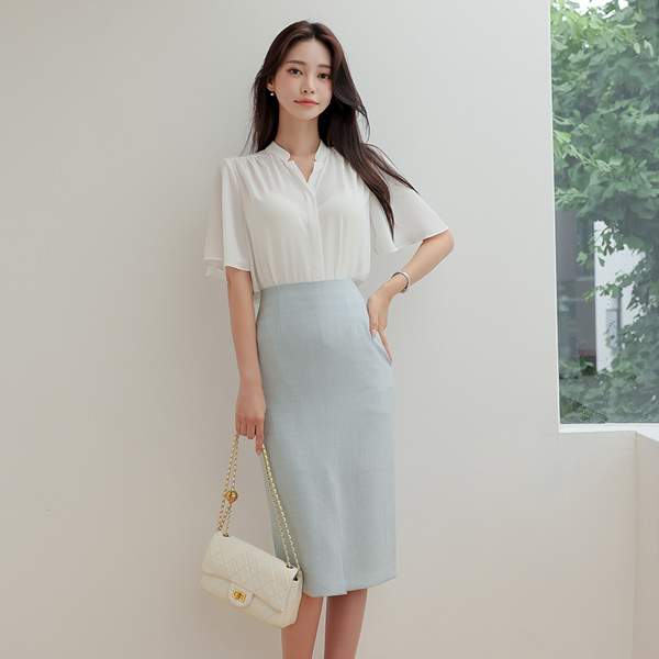 亚麻 细密 前面开叉 裙子