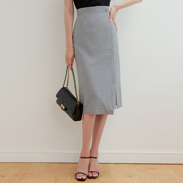 原纱混搭 格子 不规则 侧纽 开叉 裙子