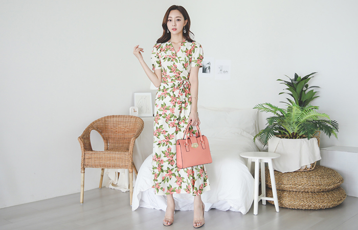 沙仑 薄型织物图案 花纹 超长 交叉式连衣裙