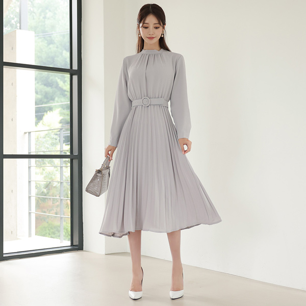 纯正 褶皱 半高领 后面蝴蝶结 褶边 连衣裙