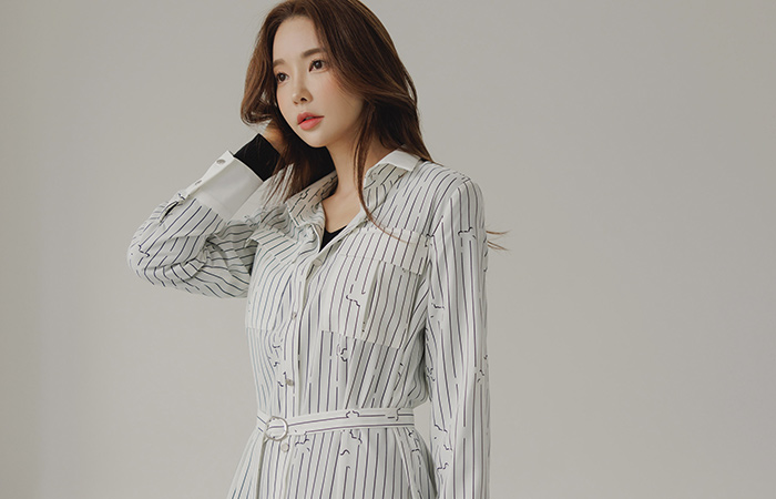 图案 点缀 腰带 长款 长袍 连衣裙