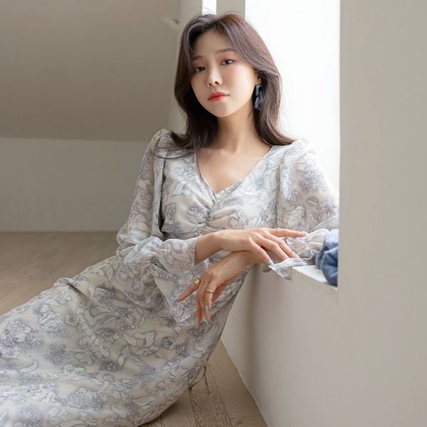 女人味的 花纹 图案 袖 褶皱 雪纺 连衣裙