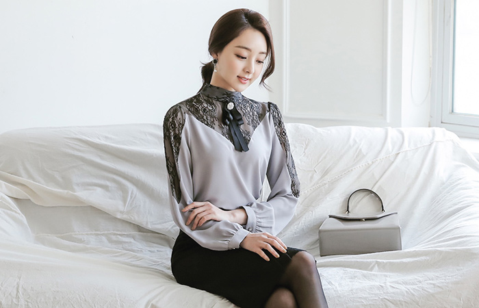 Sweet Heart蕾丝珍珠胸针女衬衫