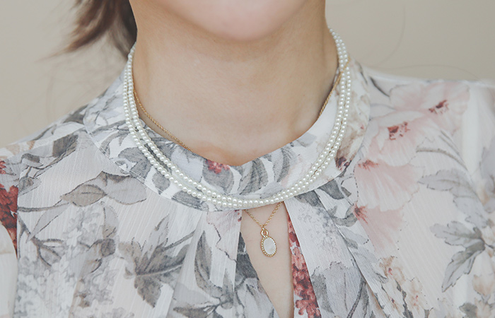 双珍珠 双重 金色 项链