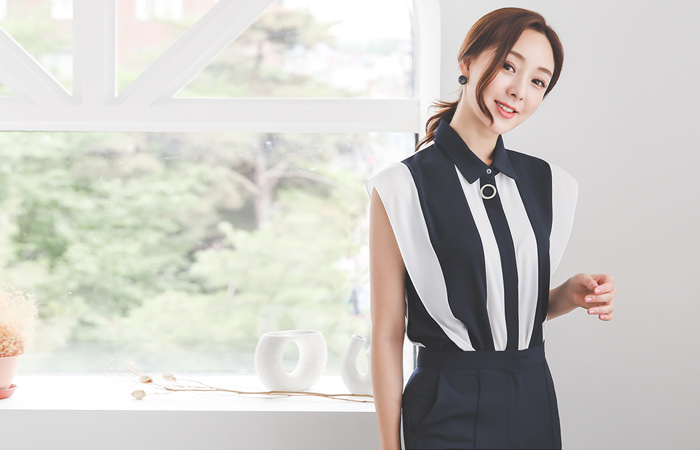 摩登 条纹 O型领子 罩衫