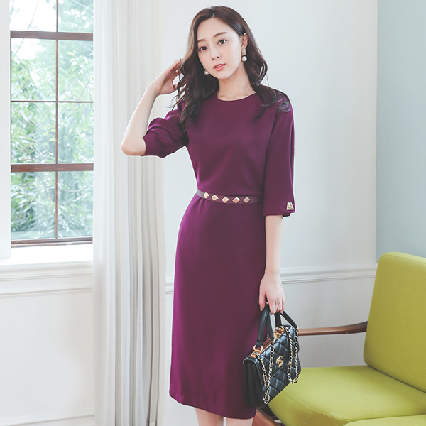 Gold 柳钉装饰 插肩 束带 连衣裙