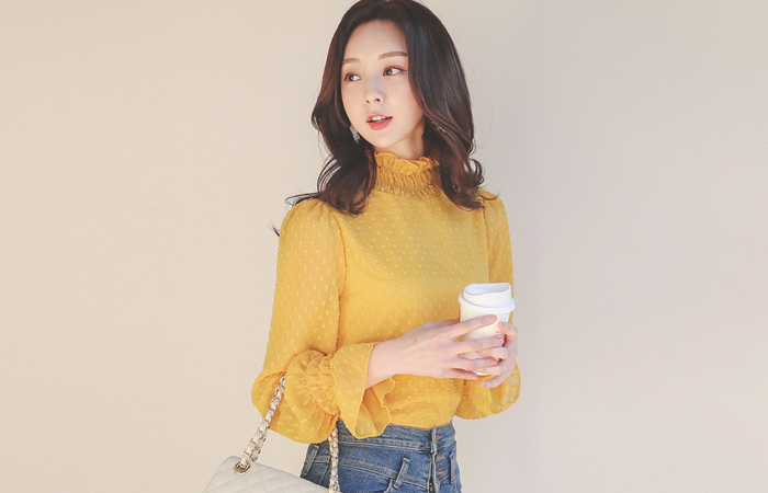 褶饰 荷叶 领 雪纺 圆点 罩衫