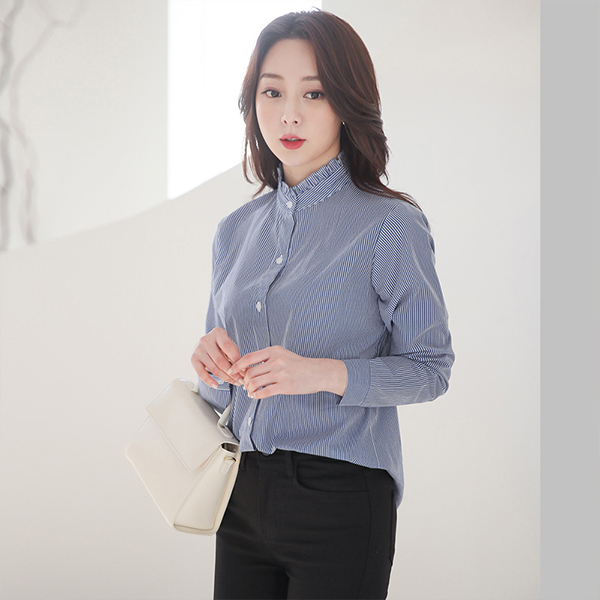 条纹 荷叶边领 棉 衬衫 罩衫